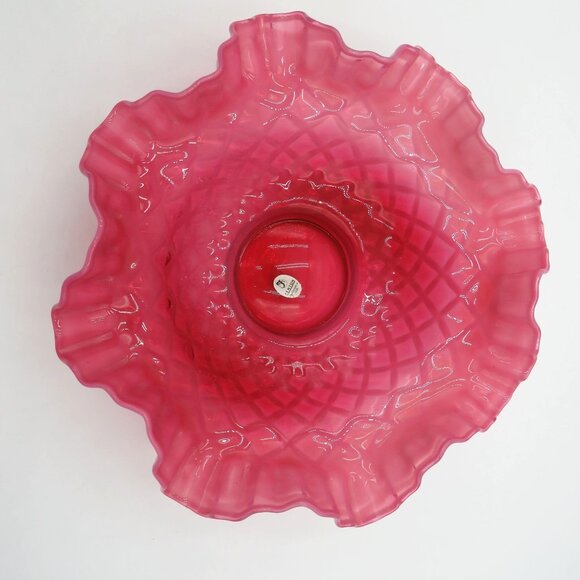 Fenton Bowl Cranberry Pink Opalescent Diamond Ruffled Glass 9" Handcrafted USA - Picture 8 of 9
